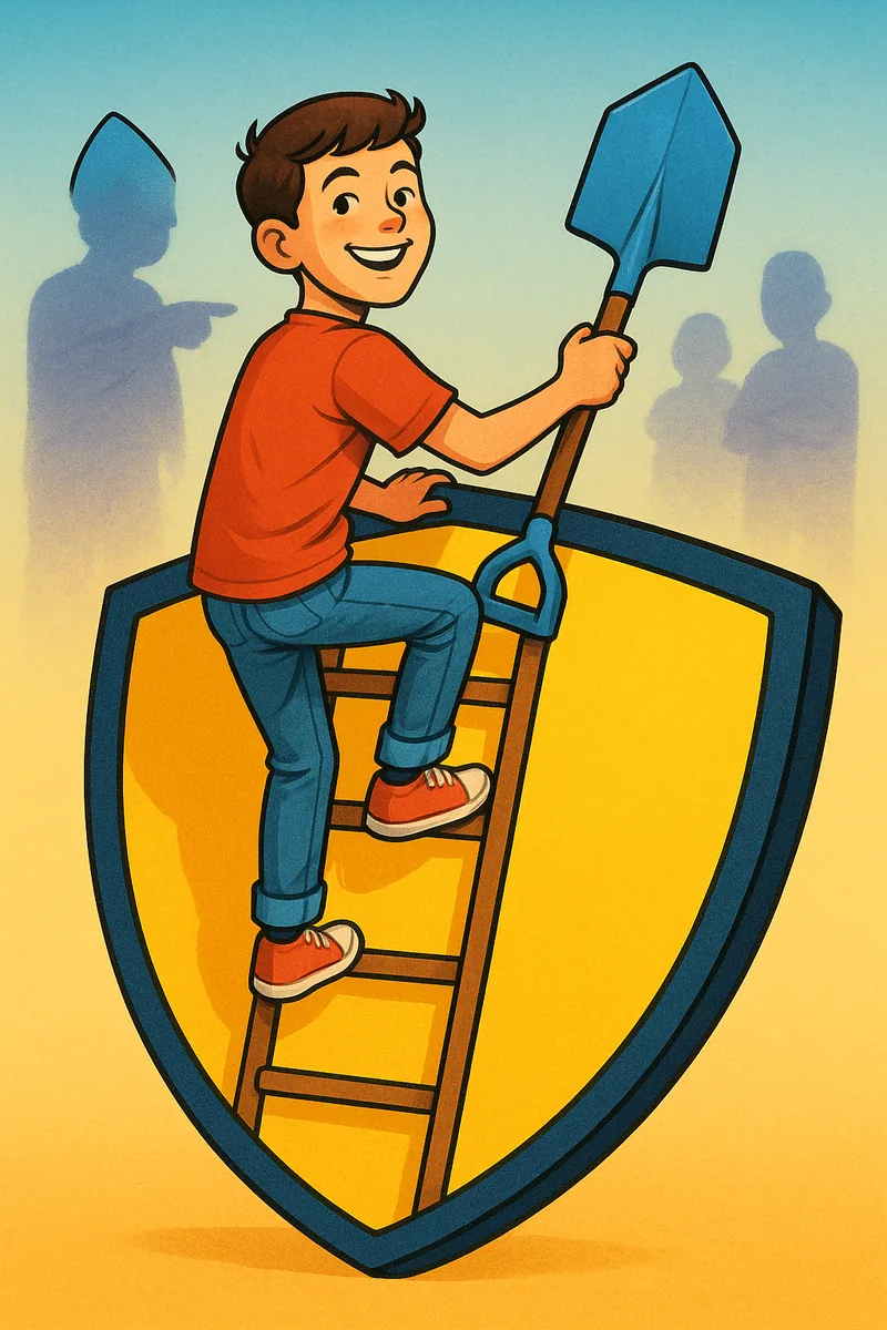 Smiling 8th grader climbing a bright yellow shield like a ladder, holding a sky-blue spade.